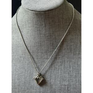 Vintage Rock Crystal Pendant Necklace Silver Tone Rope Necklace Brutalist Artsy